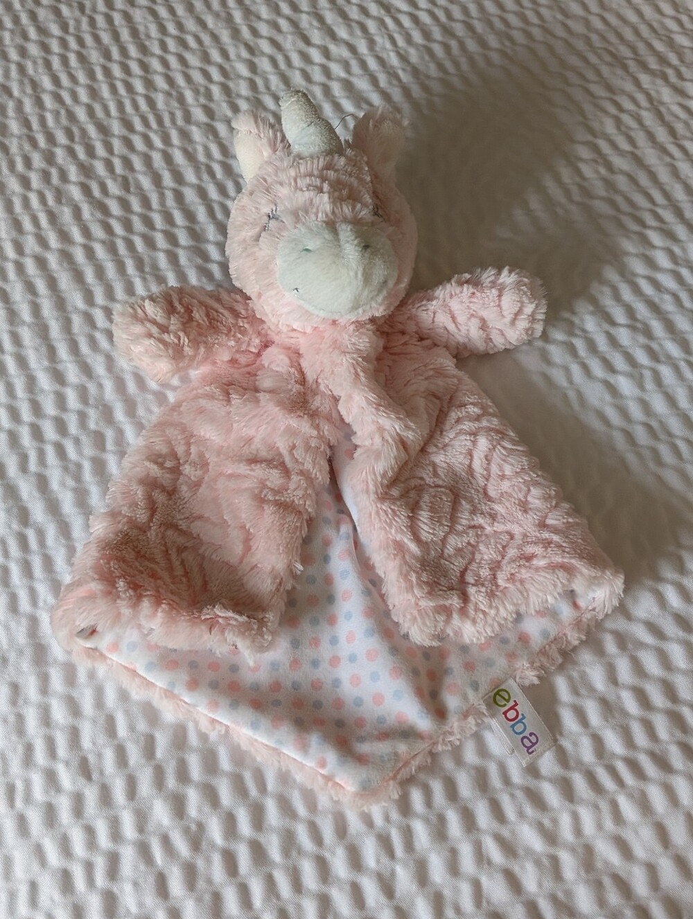 Ebba By Aurora Pink Unicorn Textured Lovey Plush for Babies. Pink Polka Dots